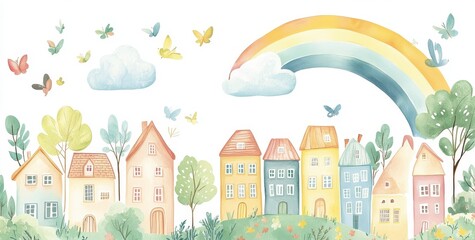 Whimsical Watercolor Town with Rainbow and Butterflies