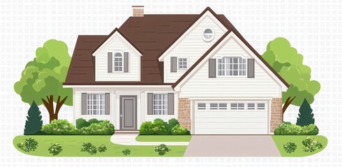 Fototapeta premium White Two Story House with Brown Roof and Green Landscaping