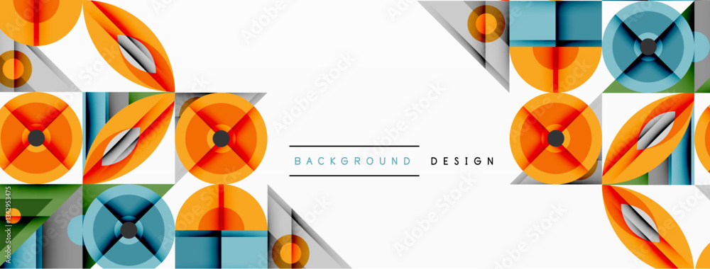 Poster geometric abstract composition with intersecting shapes, circles, triangles, and gradients, blending