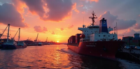 Docked cargo ship in Amsterdam harbor at sunset, harbor, boat
