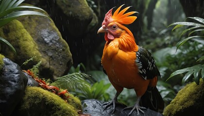 Fototapeta premium Vibrant orange rooster with a dramatic crest in a lush tropical rainforest.