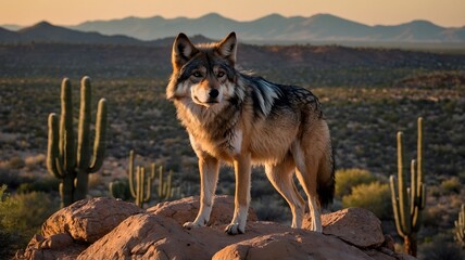 Mexican Wolf Posing on Rocky Outcrop with Desert Sunset Backdrop
