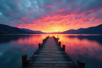 Obraz premium Ancient pier extends into still lake, sunrise hues paint sky and water , morning, reflection, outdoor