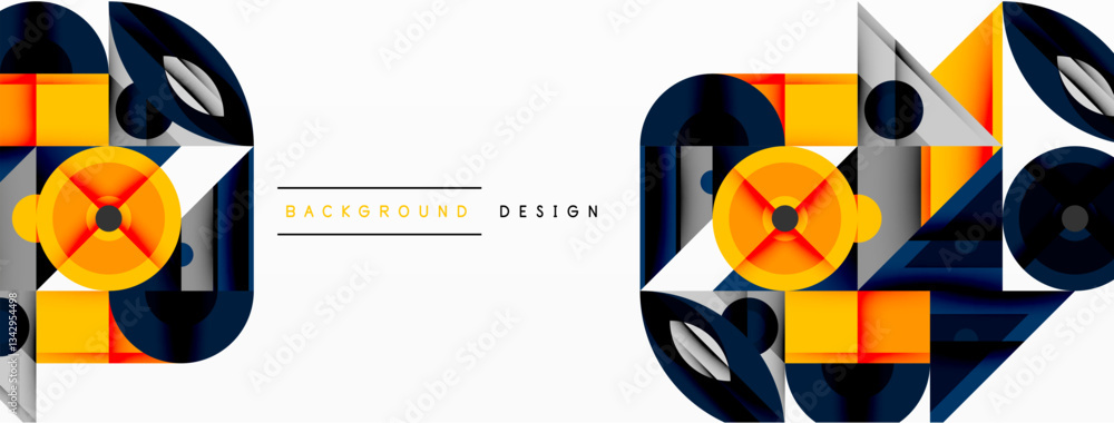 Poster Geometric abstract composition with intersecting shapes, circles, triangles, and gradients, blending vibrant colors and dynamic contrasts to create a modern, futuristic visual design