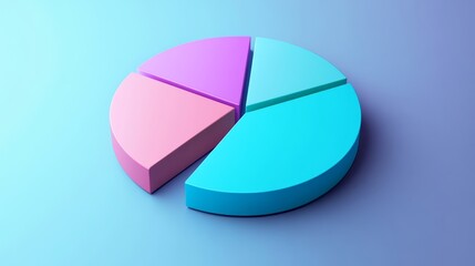 Fototapeta premium A D pie chart with four slices, featuring a soft drop shadow for depth, in blue, purple, teal, and pink for a polished presentation look.