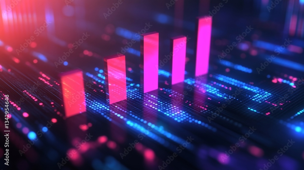 Poster a simple d bar graph with four evenly spaced bars, tilted slightly for a dynamic perspective, displa