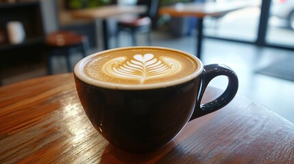 A warm cup of coffee on a table with a soft-focus background of a cafe