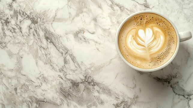 Close-up of a coffee cup with latte art on a marble countertop. - Powered by Adobe