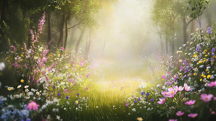 Naklejka premium Lush sunlit garden with blooming flowers and soft morning light, illuminating a vibrant forest meadow filled with colorful wildflowers in magical forest, creating a sense of wonder and enchantment.