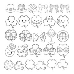 Retro Shamrock, Hats, Four-leaf Clovers Coloring Page Groovy St Patrick s Day Line art Doodle Hand Drawn design