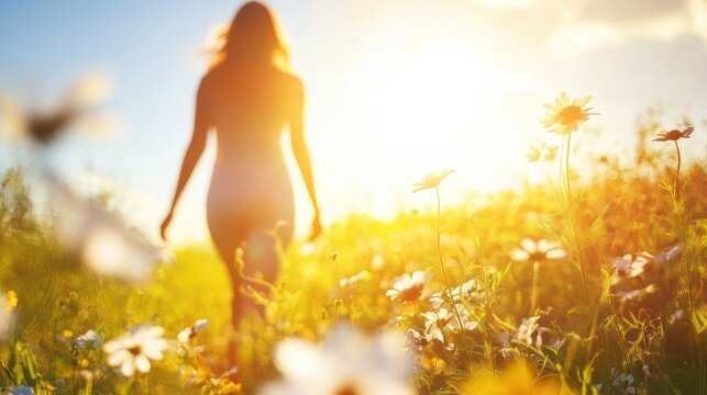 Woman's silhouette strolling through sunlit field with daisies a serene meadow bathed in golden light embracing nature's beauty with grace