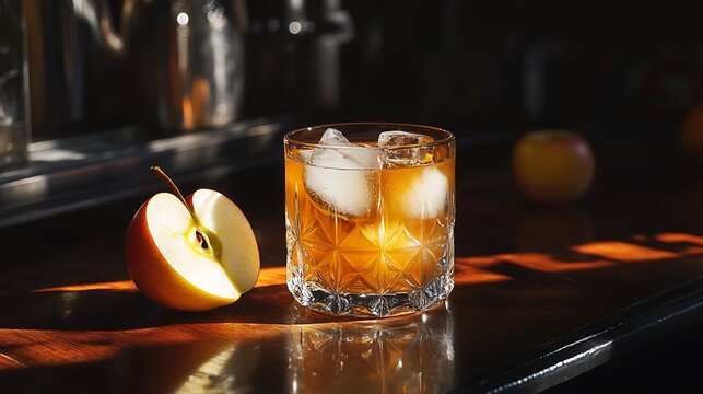 A single drinking glass full of apple juice beside a sliced apple