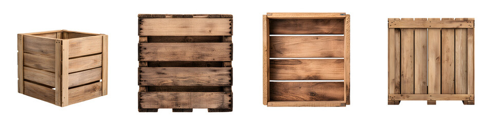 Assortment of rustic wooden crates boxes and pallets used for storage packaging and transportation of goods