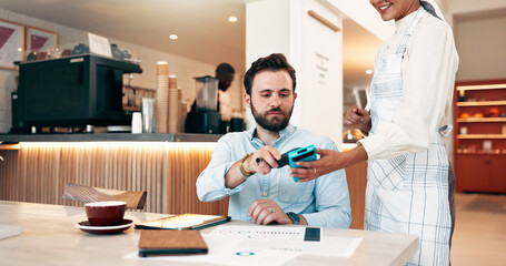 Businessman, customer and waiter with pos machine at coffee shop for payment, NFC transaction or...