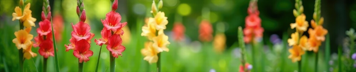 Fototapeta premium Green garden with Gladiolus hybridus flowers in bloom, garden, flower