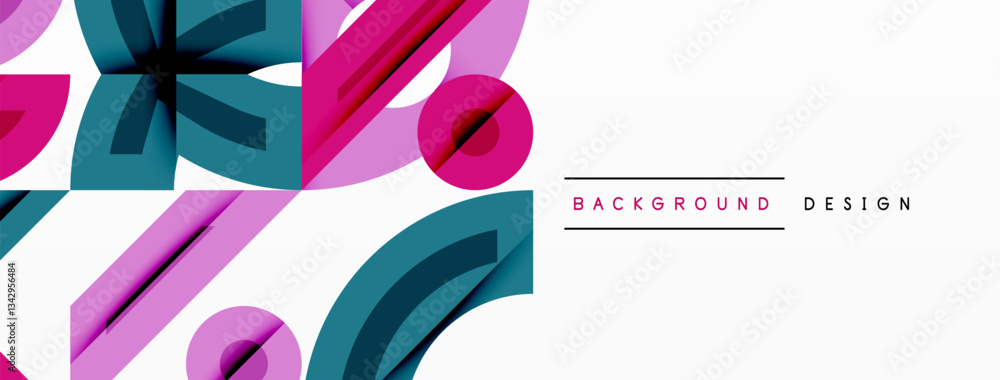 Poster Abstract geometric background with shapes, featuring circular and rounded elements. Bold contrast, smooth gradients, dynamic composition, futuristic style