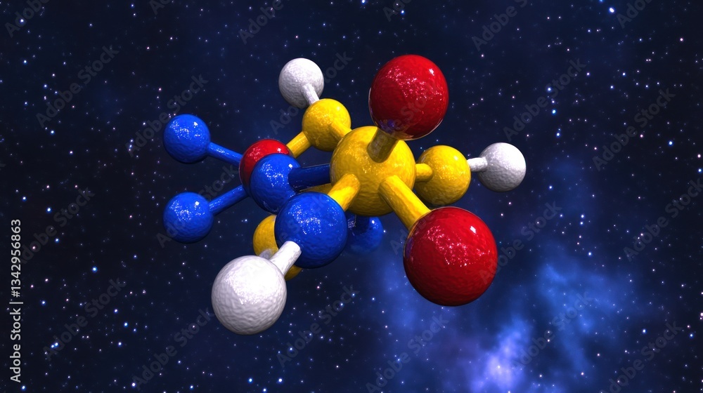 Poster 3d molecular structure floating in space: a colorful representation of a chemical compound against a