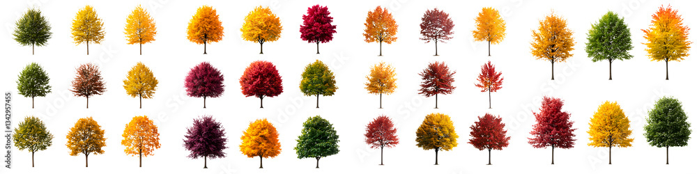 Poster a wide array of deciduous trees showcasing the vibrant hues and textures of autumn foliage in a scen