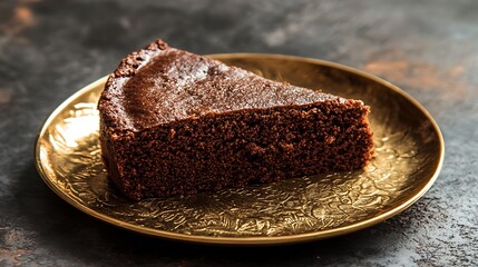 A slice of cocoa cake served on a golden plate