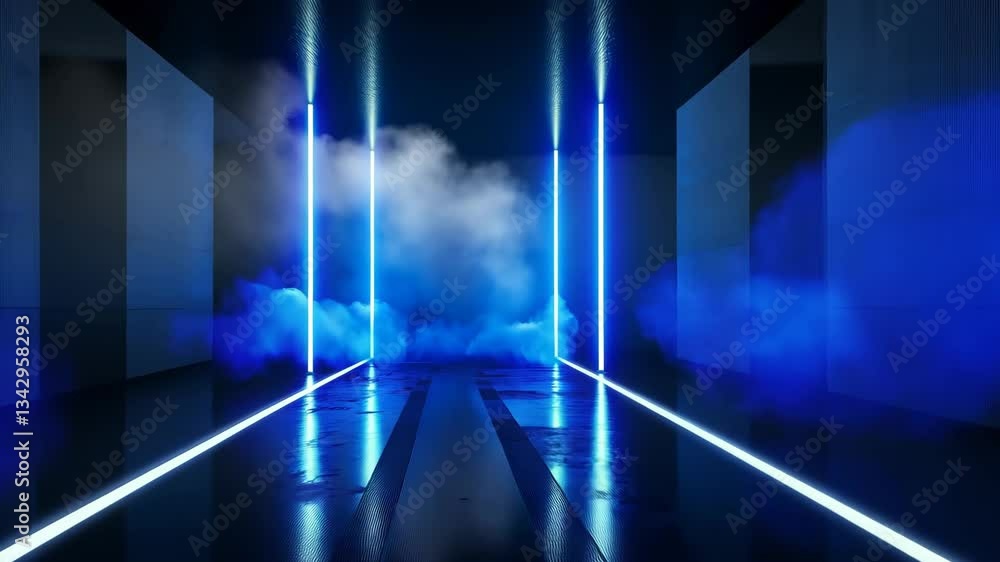 Poster abstract blue neon background with fog and lights. empty virtual space