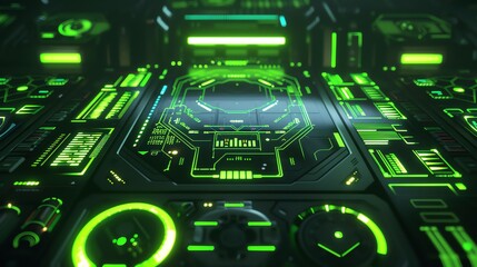 Fototapeta premium Exploring Futuristic Spacecraft Control Panel with Glowing Green Technology Design