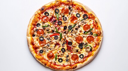 Delicious meat lovers pizza, overhead shot, white background, food photography for menu or website