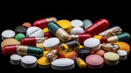 Colorful assortment of pills and capsules on black background, showcasing various shapes and sizes, representing health and medicine