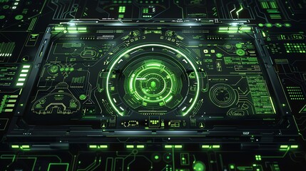 Obraz premium Futuristic Control Panel with Glowing Green Lights and Intricate Details