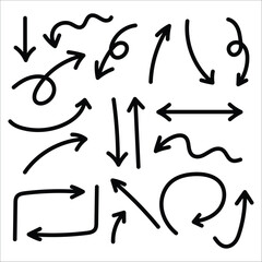 Doodle arrow set featuring sketch arrows and hand drawn arrows in various curved and loop styles. A playful arrow collection ideal for notes, highlights, diagrams, and casual presentation layouts.