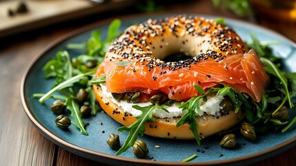 A smoked salmon bagel with cream cheese capers and fresh arugula served on a blue plate