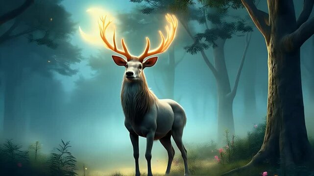 A Stag with Glowing Antlers Standing in an Enchanted Forest, Radiating an Aura of Wisdom and Mystical Presence