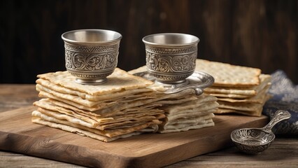 A stack of four rectangular matzo pieces rests on a rustic wooden board,