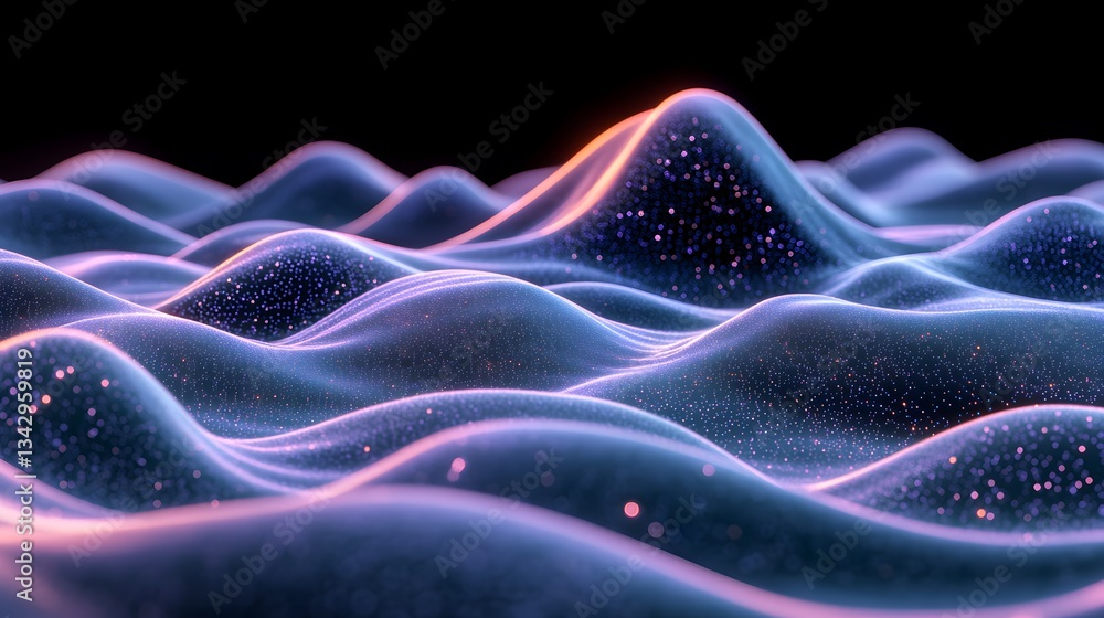 Aufkleber abstract illustration showing undulating surfaces with illuminated particles and color gradients
