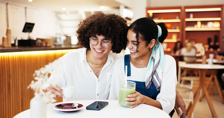 Happy, talking and couple in coffee shop on date for bonding, relationship and love. Restaurant, cafe and man with woman with drink, beverage and latte for conversation, chatting and relax on weekend