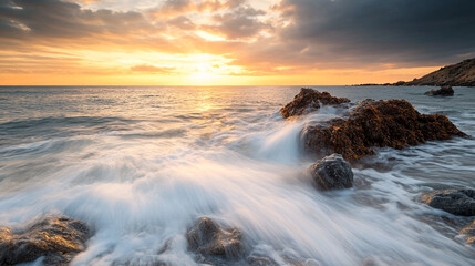 Naklejka premium Stunning ocean sunset seascape with dramatic waves crashing on rocky shore during golden hour light