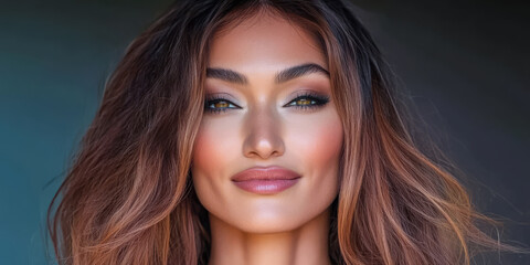 Naklejka premium Stunning woman with long hair poses against a dark background in natural lighting