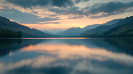 Fototapeta premium Serene sunset landscape peaceful mountain lake calm waters scenic view tranquil nature photography