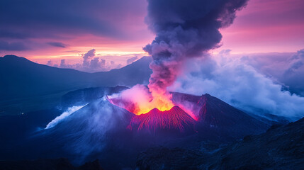 Fototapeta premium Majestic volcano eruption at sunset dramatic landscape view stunning pink and purple sky colors fire