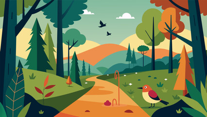 A guided nature walk through a nearby forest with the natural sounds of birds and rustling leaves creating a peaceful soundtrack.. Vector illustration