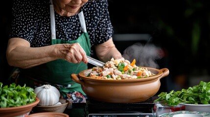 Woman Cooking Delicious Meal on Stove with Fresh Ingredients in Kitchen