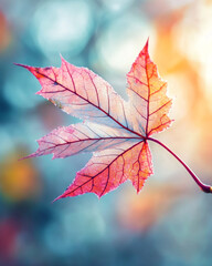 Single delicate autumn maple leaf with red veins on soft blurred background fall plant image macro