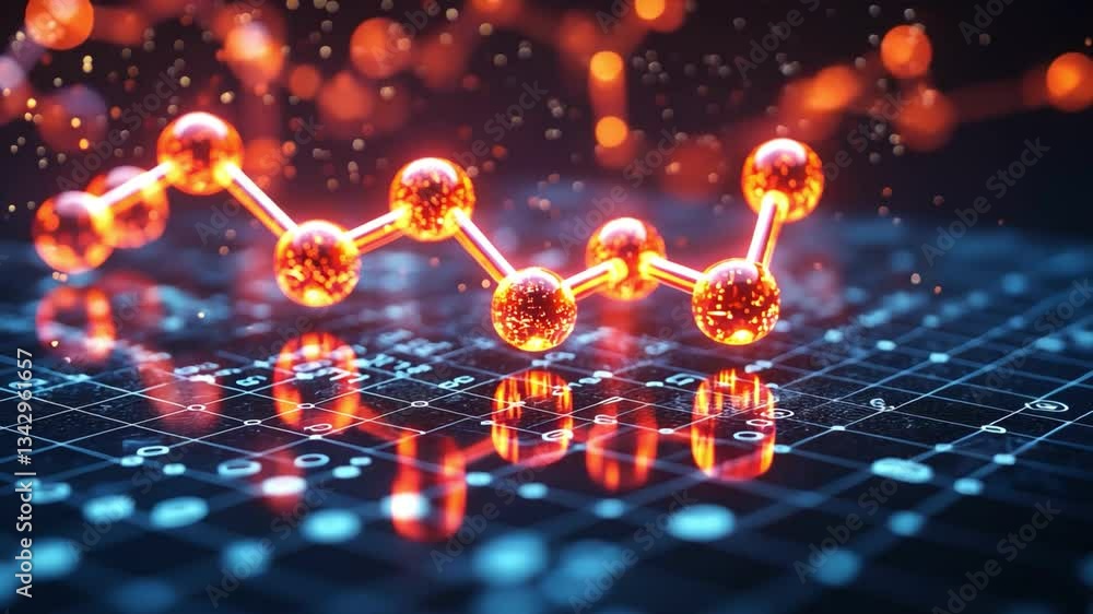 Poster exploring molecular structures glowing particles illuminate science of chemistry and innovation in d