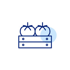 Tomatoes in wooden crate. Organic vegetables, green farmer produce. Fresh groceries, shopping and vegetarian diet. Pixel perfect, editable stroke vector icon