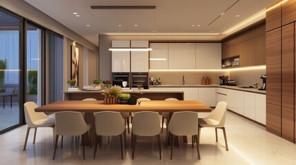 Modern dining room with wooden table and chairs in minimalist interior design
