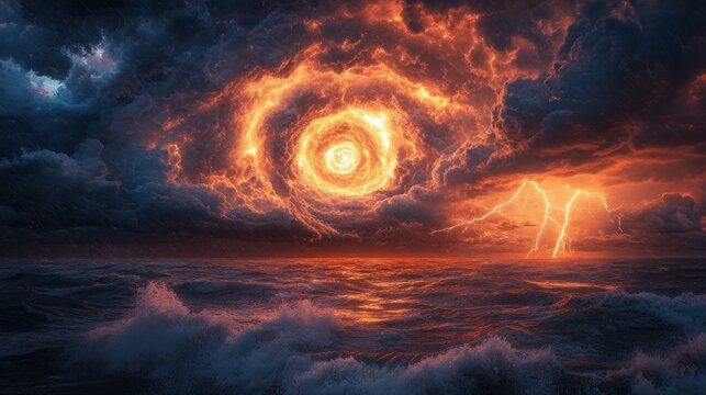 Fiery vortex in a stormy sky over tumultuous sea.