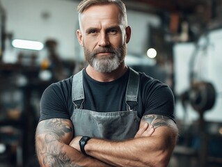 Fototapeta premium Confident man with tattoos in workshop setting.