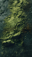 A cascade of vibrant green powder spills across a textured dark background, evoking a sense of earthy tranquility.