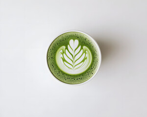 A calming matcha latte displaying intricate leaf art, evoking tranquility and mindfulness.