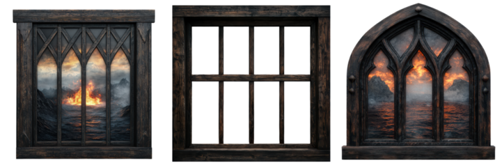 Three medieval style window frames with intricate gothic architectural details each displaying a captivating sunset landscape with an ocean sky and silhouetted buildings or mountains in the distance