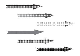 Halftone dotted arrow head direction pointer in black and white isolated on white for design elements.
